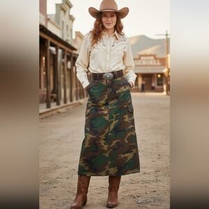 Vintage Western Camo Denim Maxi Skirt with Pockets S M